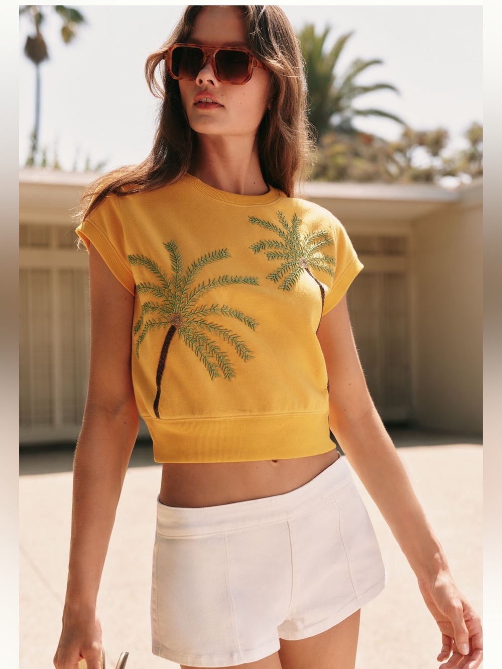 Anthropologie NWT Sz M  highly rated beaded Palm Deco Crop Fleece T-shirt - Picture 3 of 12